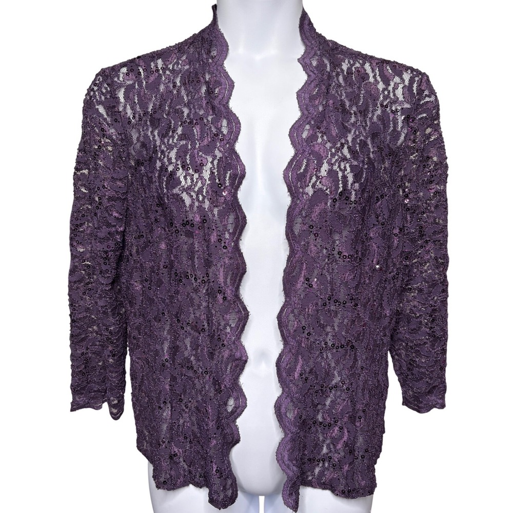 ALEX EVENINGS Purple Lace Sequin Bolero Shrug Sz 14 Glam Elegant Cocktail Chic